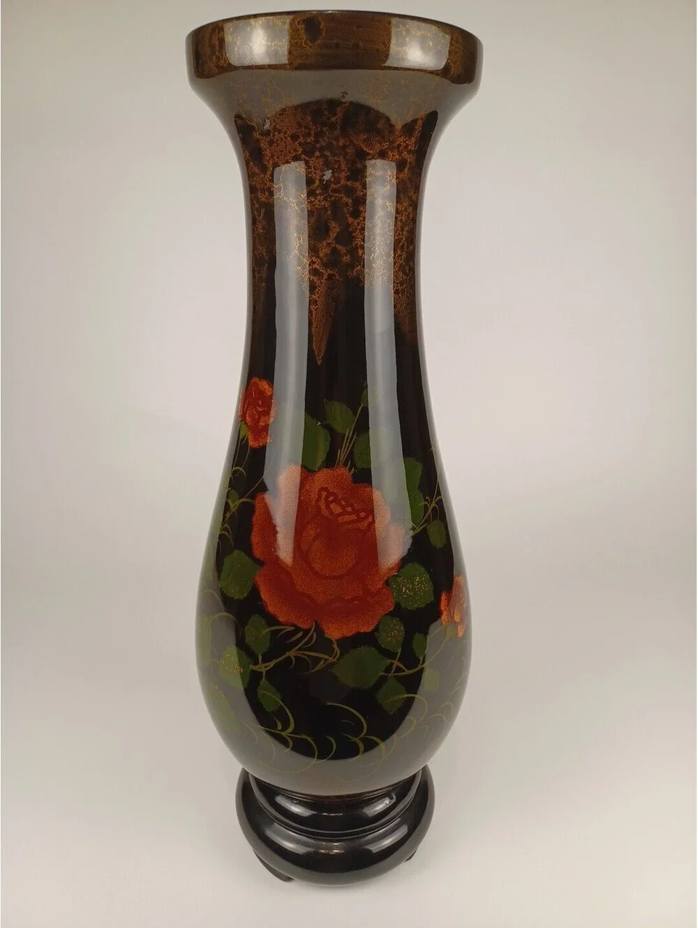 Vintage Vietnamese Black Lacquer Wood Vase Hand Painted Orange Roses Floral 16.5